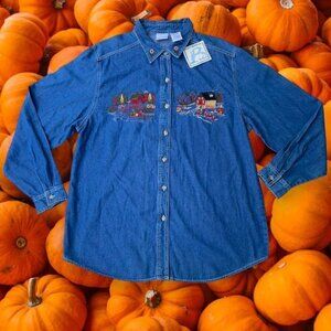 Vintage Bobbie Brooks SIZE XL Denim Cottagecore Button Up w Fall Embroidery